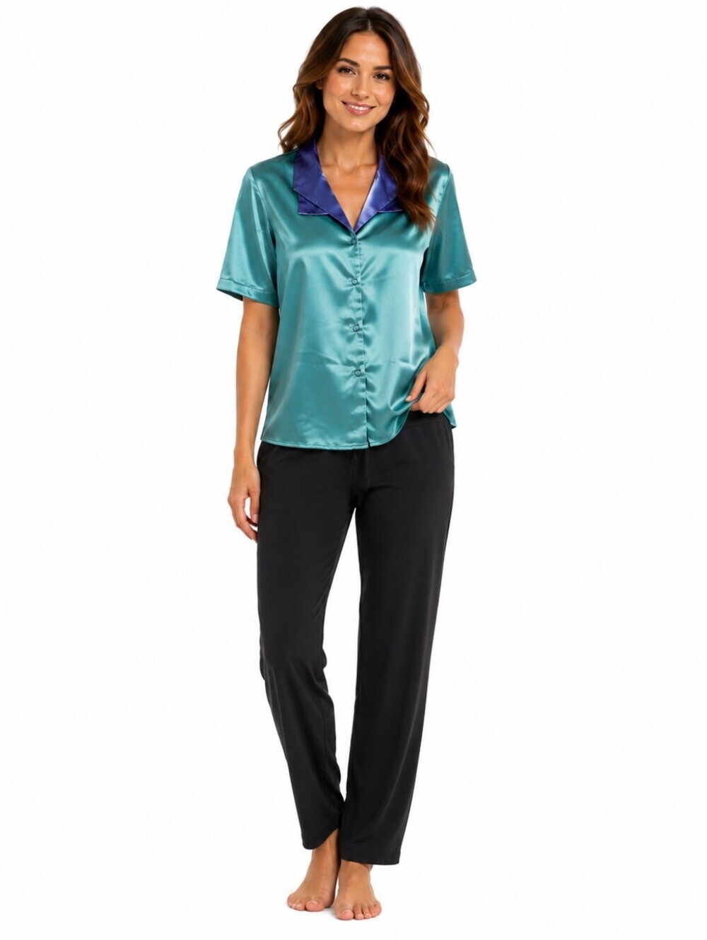 Victoria's Secret Women's Metalic Satin Like Pajama Top Button Up Green Blue L